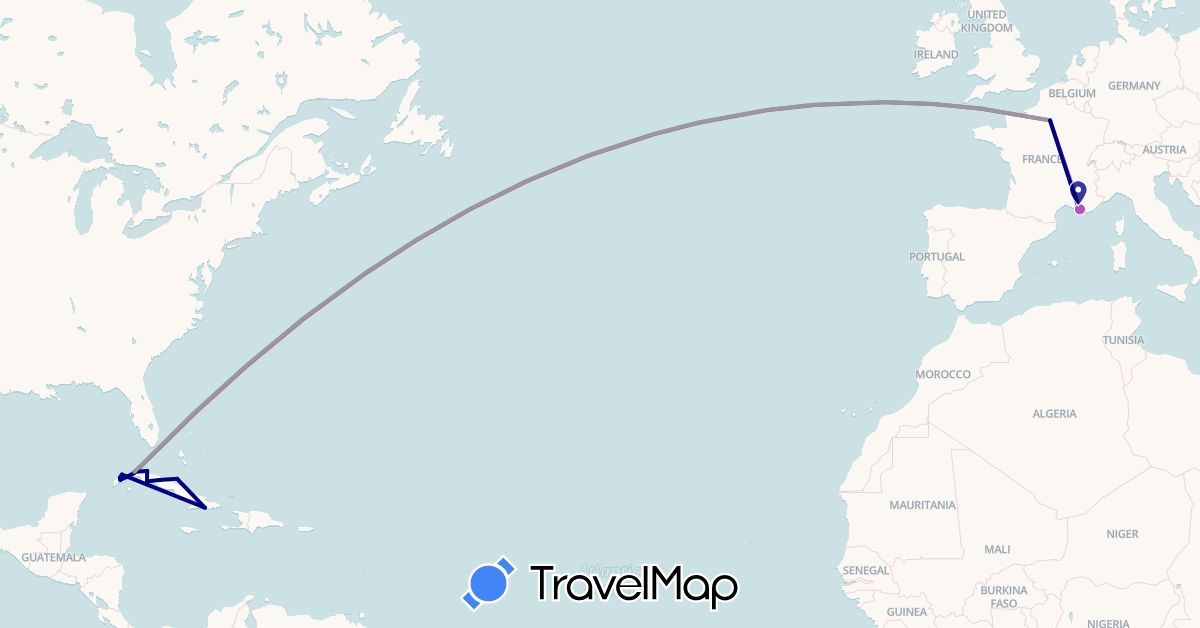 TravelMap itinerary: driving, plane, train in Cuba, France (Europe, North America)